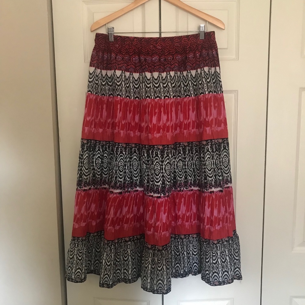 Vintage Boho hippie tiered skirt black red white flowy L